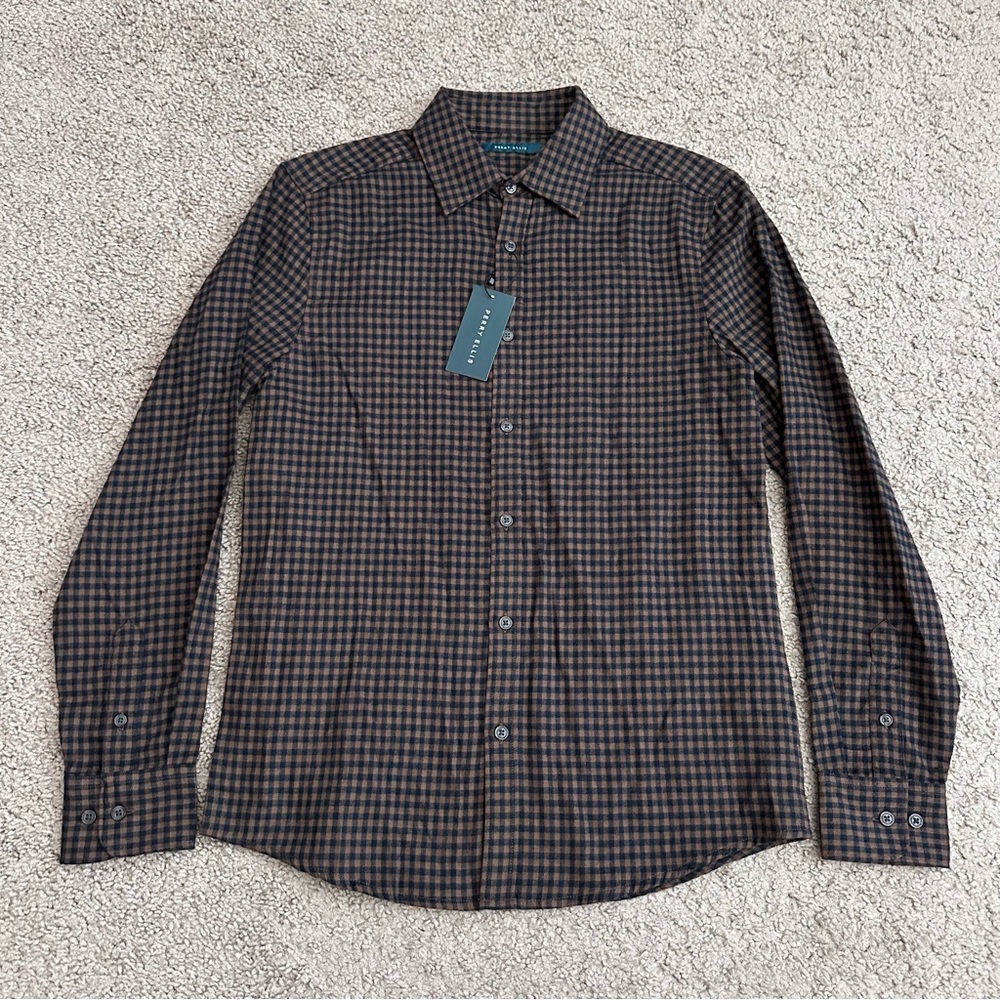 Perry Ellis The Untucked Shirt Brown Navy Plaid Soft Brushed Button Up Mens S